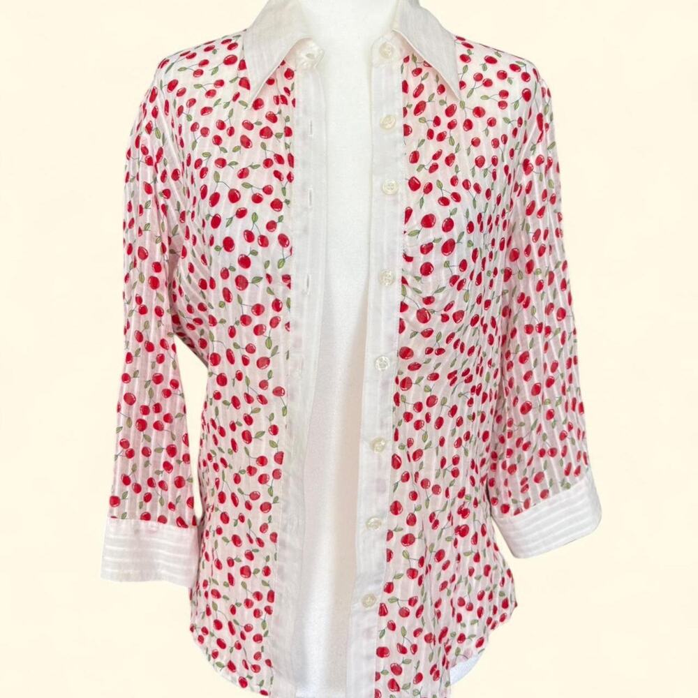 Capacity Unlimited Cherry Print Cottage Core Button Up Blouse